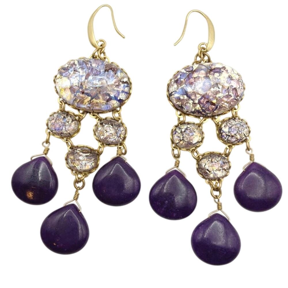 Brass Foiled Cabochon and Amethyst Pear Drop Chandelier Earrings 2.5”